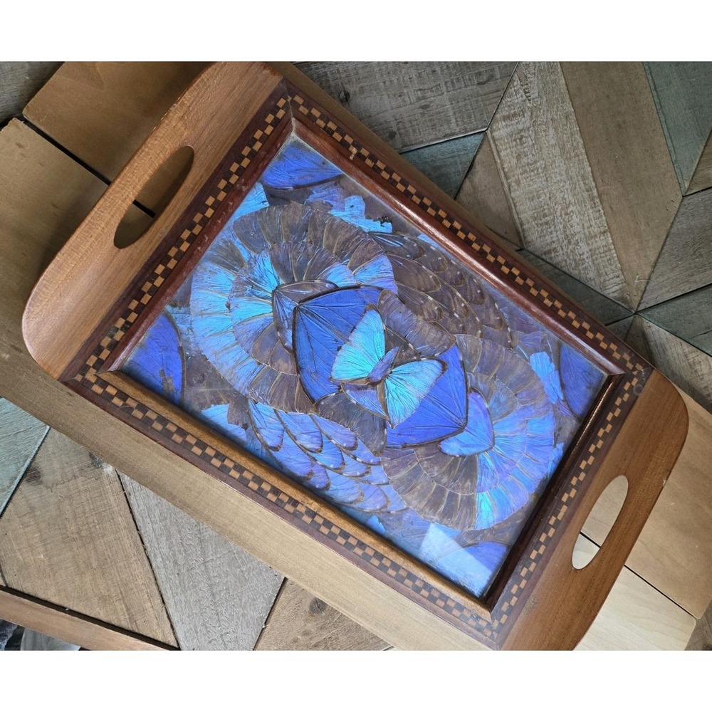 VTG MCM Brazilian Butterfly Wing Inlaid Wood Serving Tray 16.5" x 9.5" Blue‎